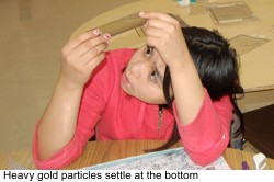 Heavy gold particles settle at the bottom