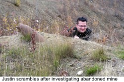 Justin scrambles after investigating abandoned mine