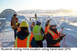 Students noting mine location using hand-held GPS