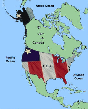 American flag imbedded in map of North America