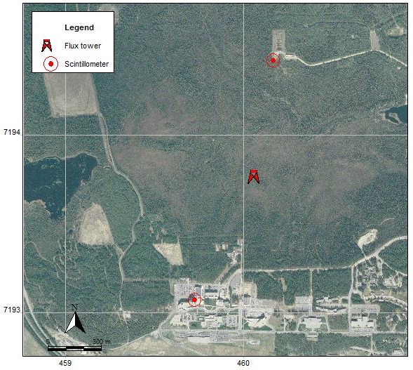 Image with location of flux tower and scintillometers on UAF campus