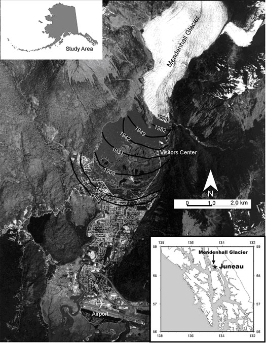 Figure showing the terminus of mendenhall glacier (study area) at different times
