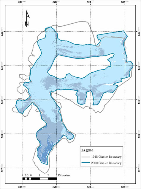 Map showing total Mendenhall glacier area in 1948 and 2000