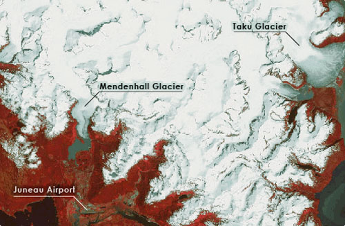 Landsat image showing Juneau, Mendenhall glacier, and Taku glacier