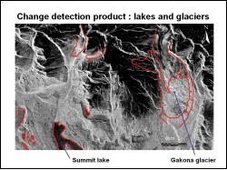 Change detection results for glaciers and lakes