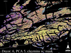 False color composite of decorrelation stretched band 6, principal component analysis band 5 and a masked clay mineral index