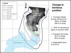 Map of seven terminus positions between 1948 and 2004