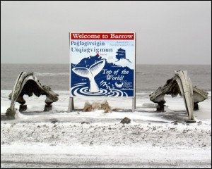 Welcome to Barrow sign looking out into the Arctic Ocean
