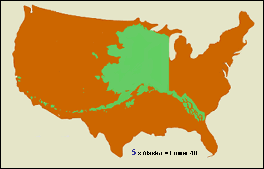 Map comparing the size of Alaska with contiguous US states