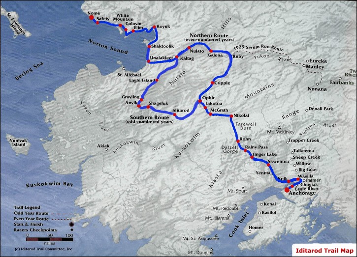 Trail map of the Iditarod Sled Dog Race