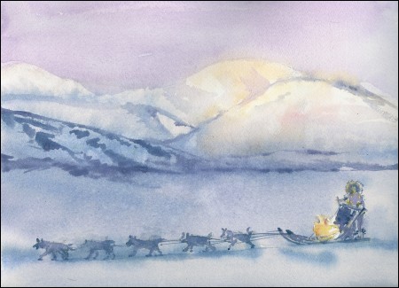 Dog sled in Alaskan winter landscape