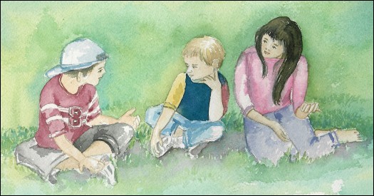 Children sitting on the lawn talking to each other
