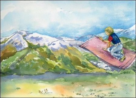 Small boy Tim sitting on a magic carpet flying over landscape
