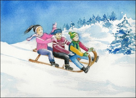 Children sledging in a winter landscape