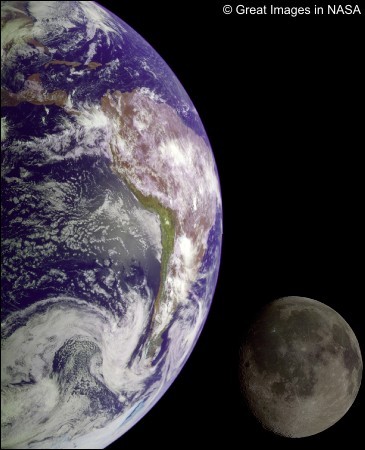 View of the Earth from space with Moon in the background