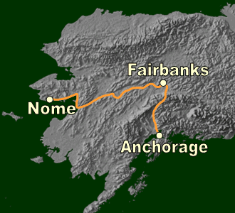 Map with the trail between Nome, Fairbanks and Anchorage