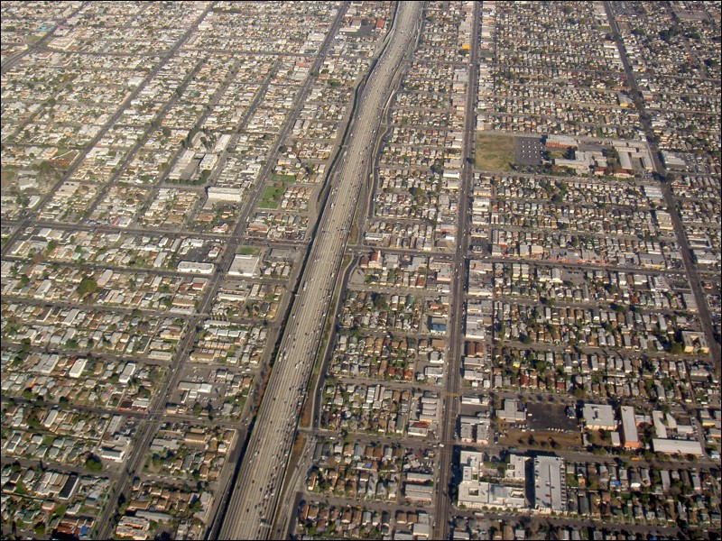 Aerial photograph of a city with skyscrapers