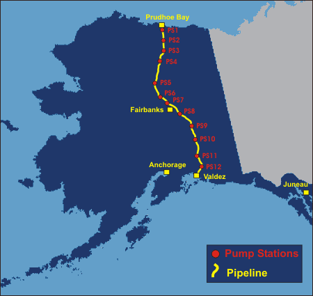 Map showing the location of the Trans-Alaska pipeline