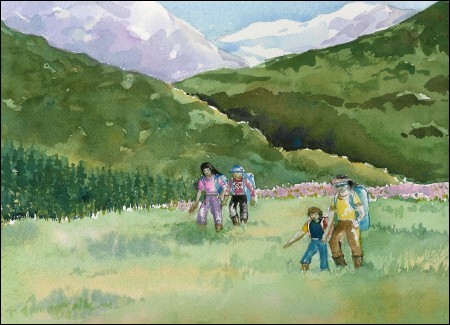 Children and scientist walking in the field